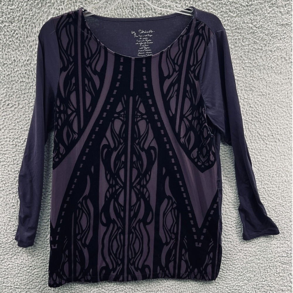 Chicos Womens Velvet Flocked Top M Abstract Art Deco Elegant Stretch Pullover